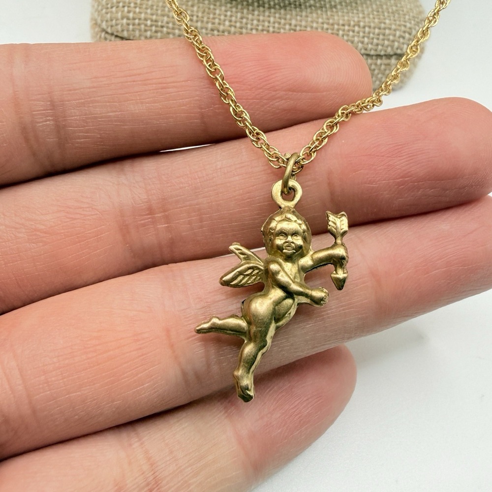 Vintage Gold Tone Cupid Cherub Angel Pendant Necklace KOREA 24" Coquette